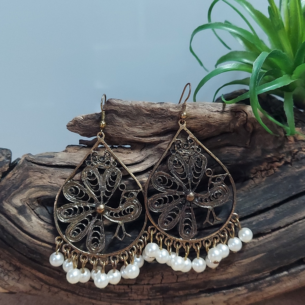 E366 Peacock Pearls Antiqued Brass Drop Earrings